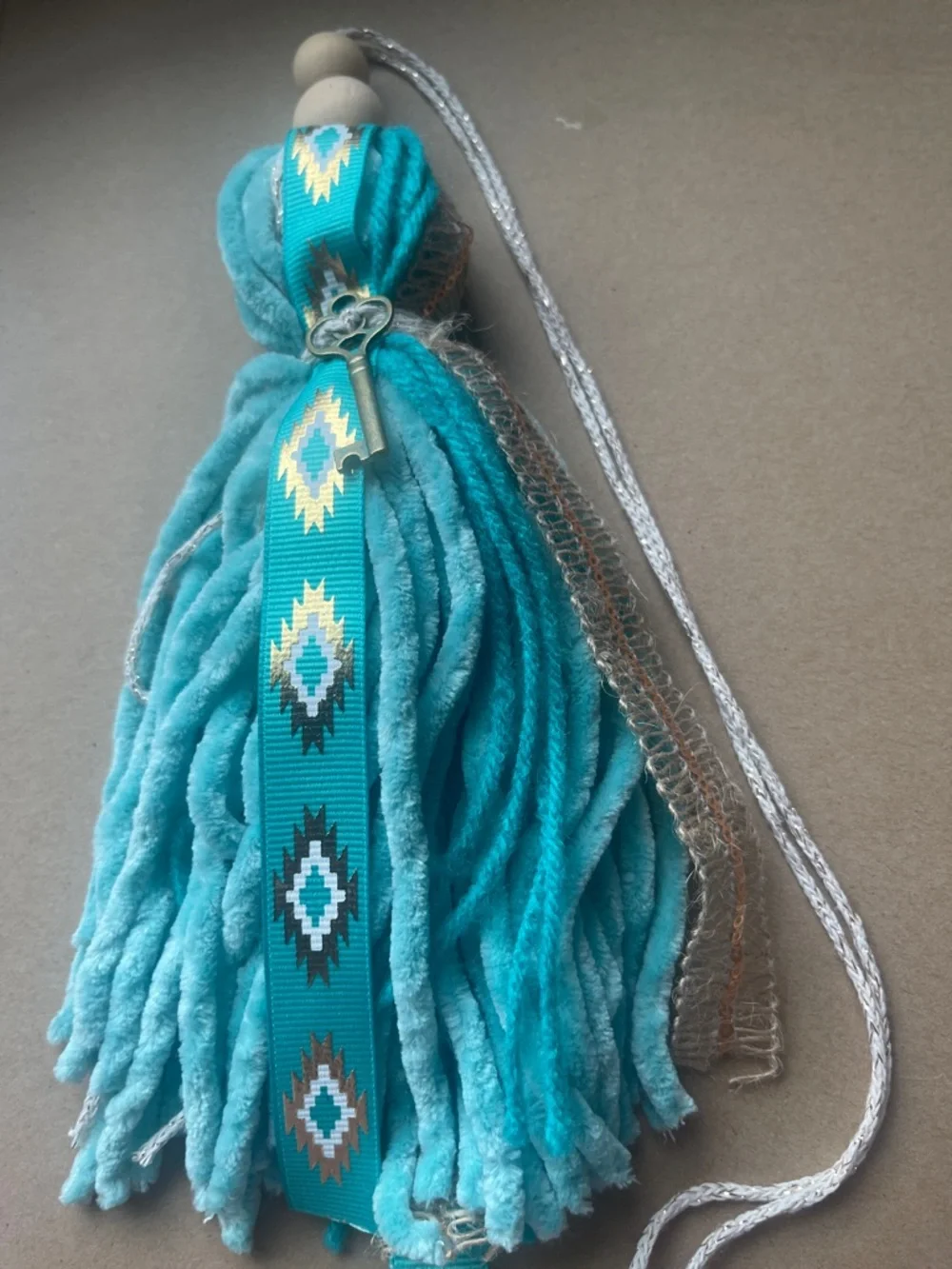 Teal Tassel Charm with Patterned Ribbon - Picture 1 of 4